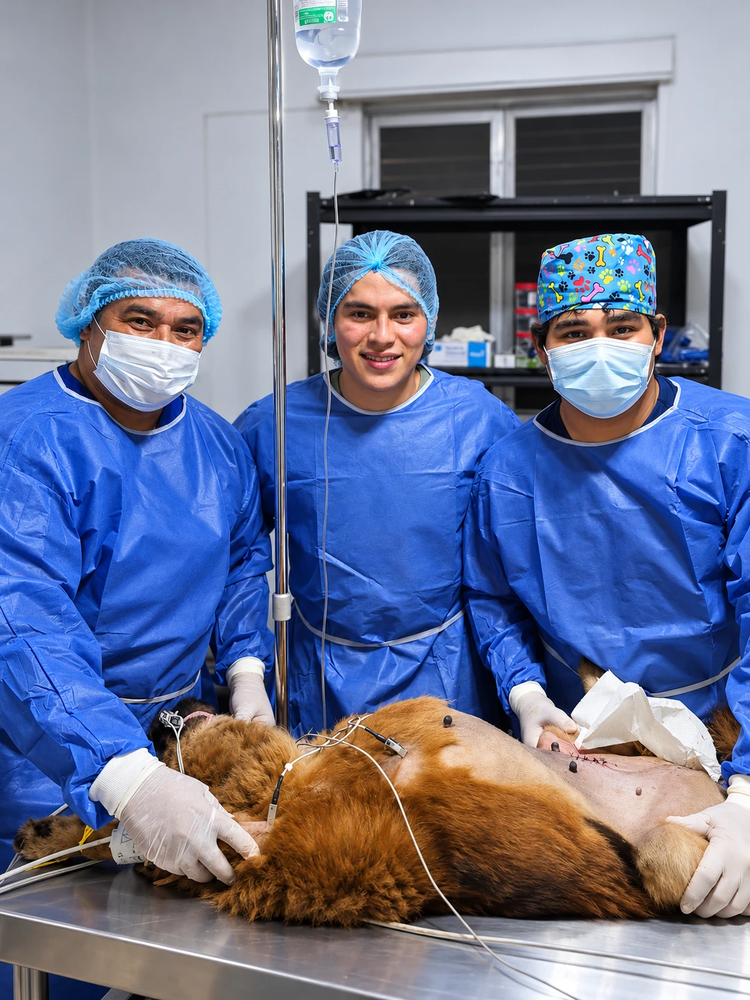 Tres integrantes del equipo médico de Centro Veterinario Los Mimados, con batas quirúrgicas azules, junto a un paciente durante un procedimiento veterinario