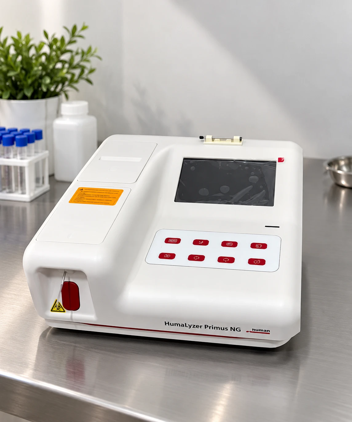 Analizador bioquímico HumaLyzer Primus NG, de color blanco con botones rojos y pantalla, sobre una mesa de acero junto a tubos de ensayo