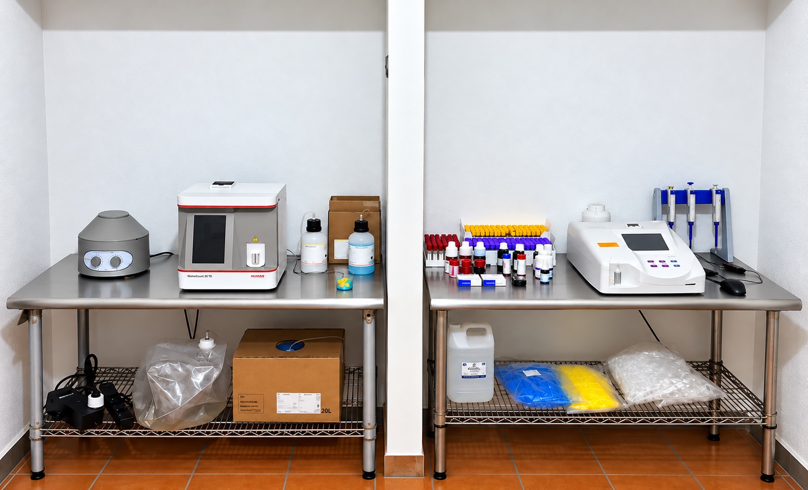Laboratorio clínico con dos mesas de acero inoxidable: a la izquierda una centrífuga, el analizador hematológico HumaCount 30 TS y frascos de reactivos; a la derecha tubos de muestra, reactivos, el analizador bioquímico HumaLyzer Primus NG y una base con micropipetas