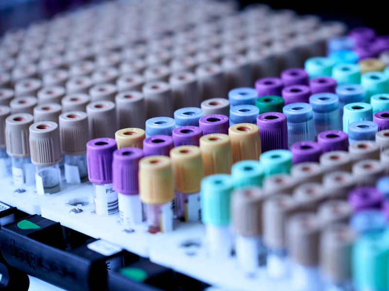 Tubos de muestras de laboratorio ordenados en una gradilla